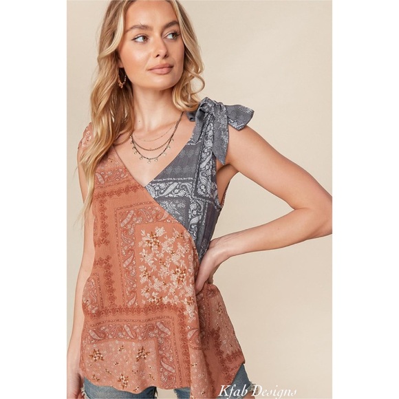 LAST 1! V Neck Boho Color Block Ruffle Woven Top! - Picture 6 of 9